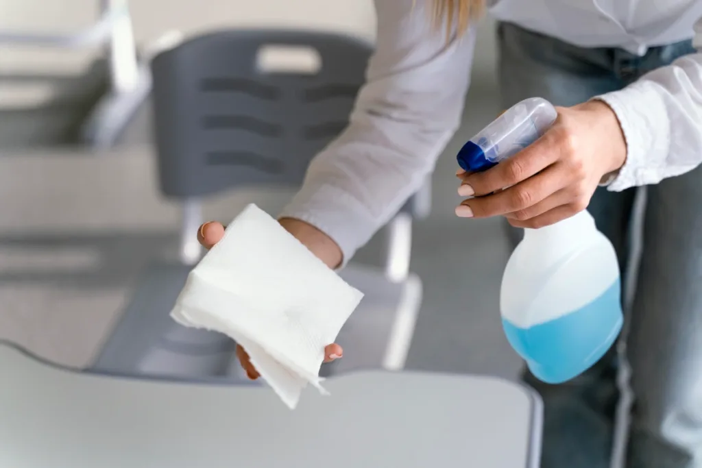 teacher disinfecting school benches classroom