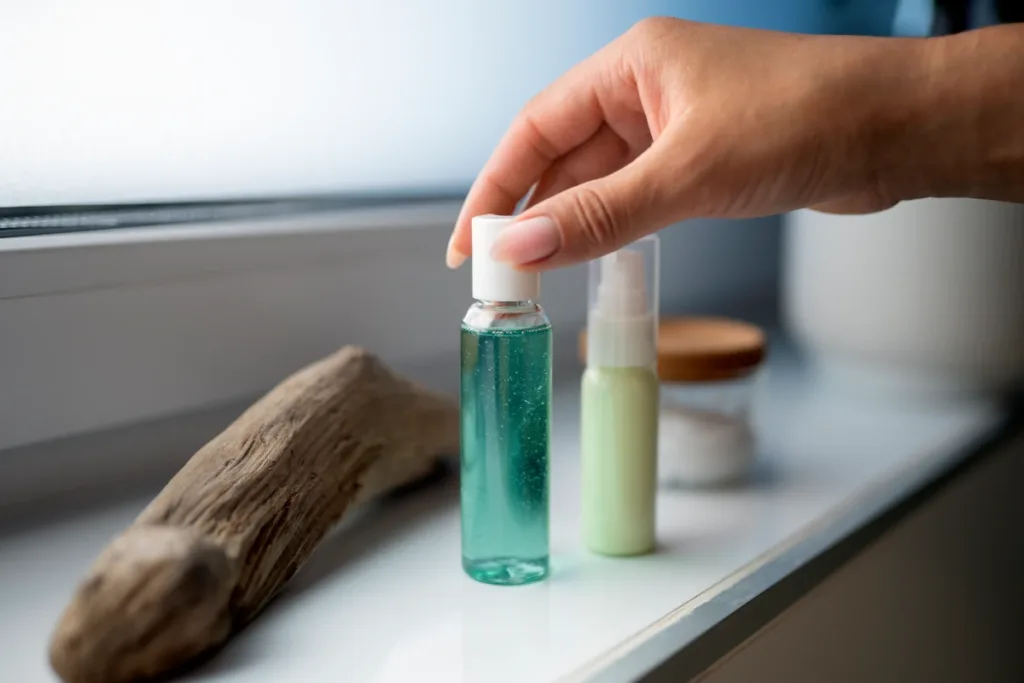 side view hand holding shampoo bottle