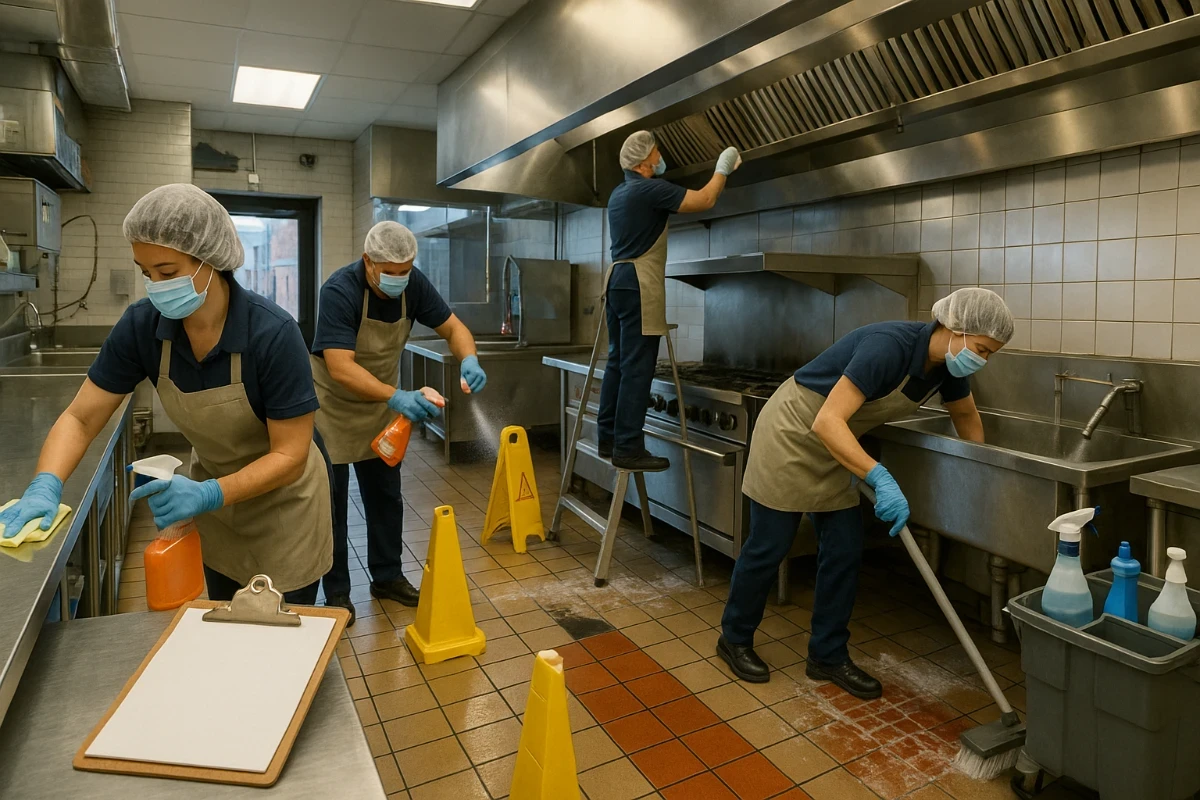 Team deep-cleaning a stainless-steel commercial kitchen