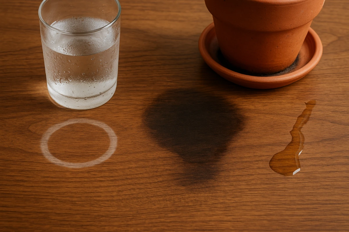 Glass ring, dark plant-pot mark, and spill on wood