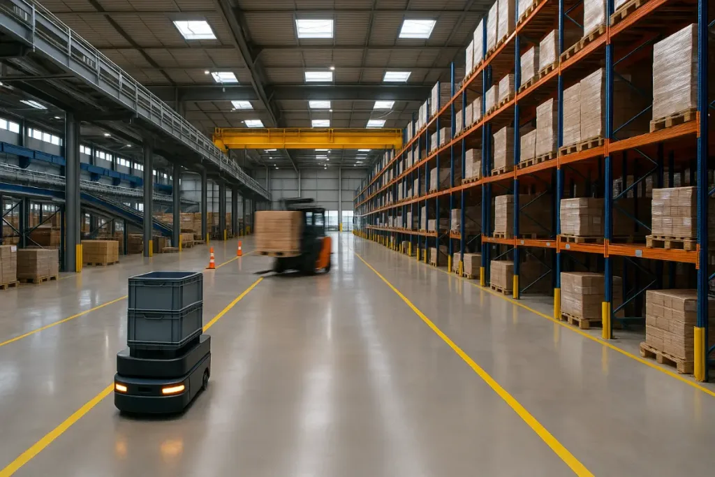 Autonomous robot and forklift in a Baltimore, MD warehouse, highlighting warehouse cleaning frequency needs.