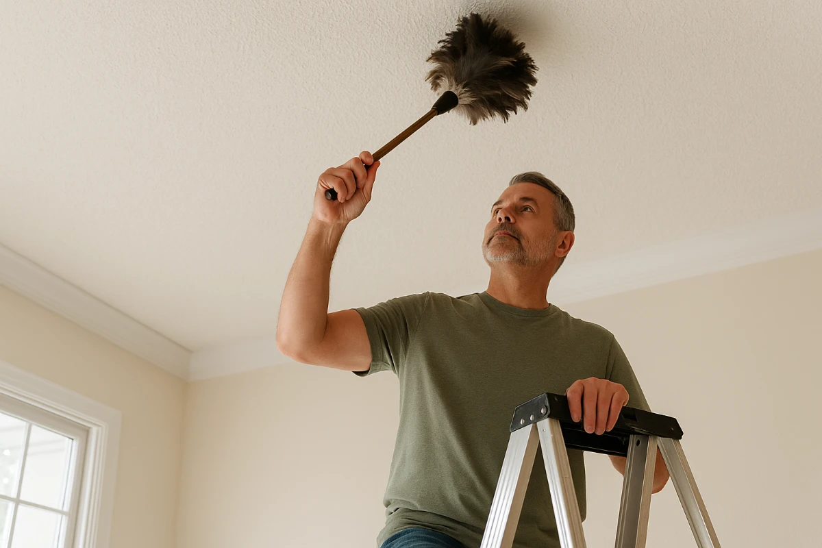 Middle-aged man standing on a stepladder cleaning a popcorn ceiling with a feather duster