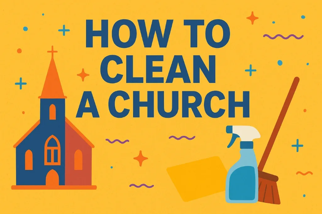 Church cleaning checklist poster with church and cleaning tools.