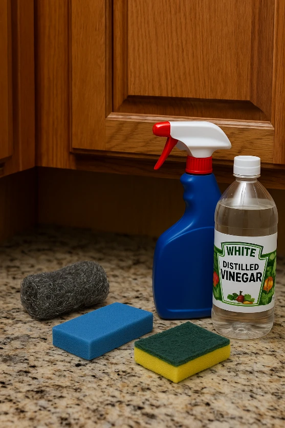 Close-up of steel wool, sponges, spray bottle, and vinegar in front of wooden kitchen cabinets, showing harsh cleaners that can scratch or damage greasy cabinet surfaces.