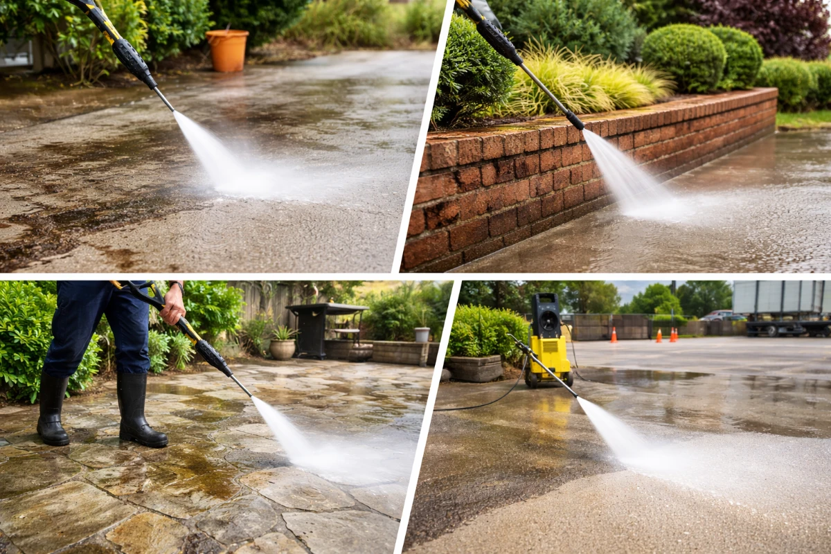 See common surfaces where pressure washing works best, including concrete driveways, brick walls, and stone patios.