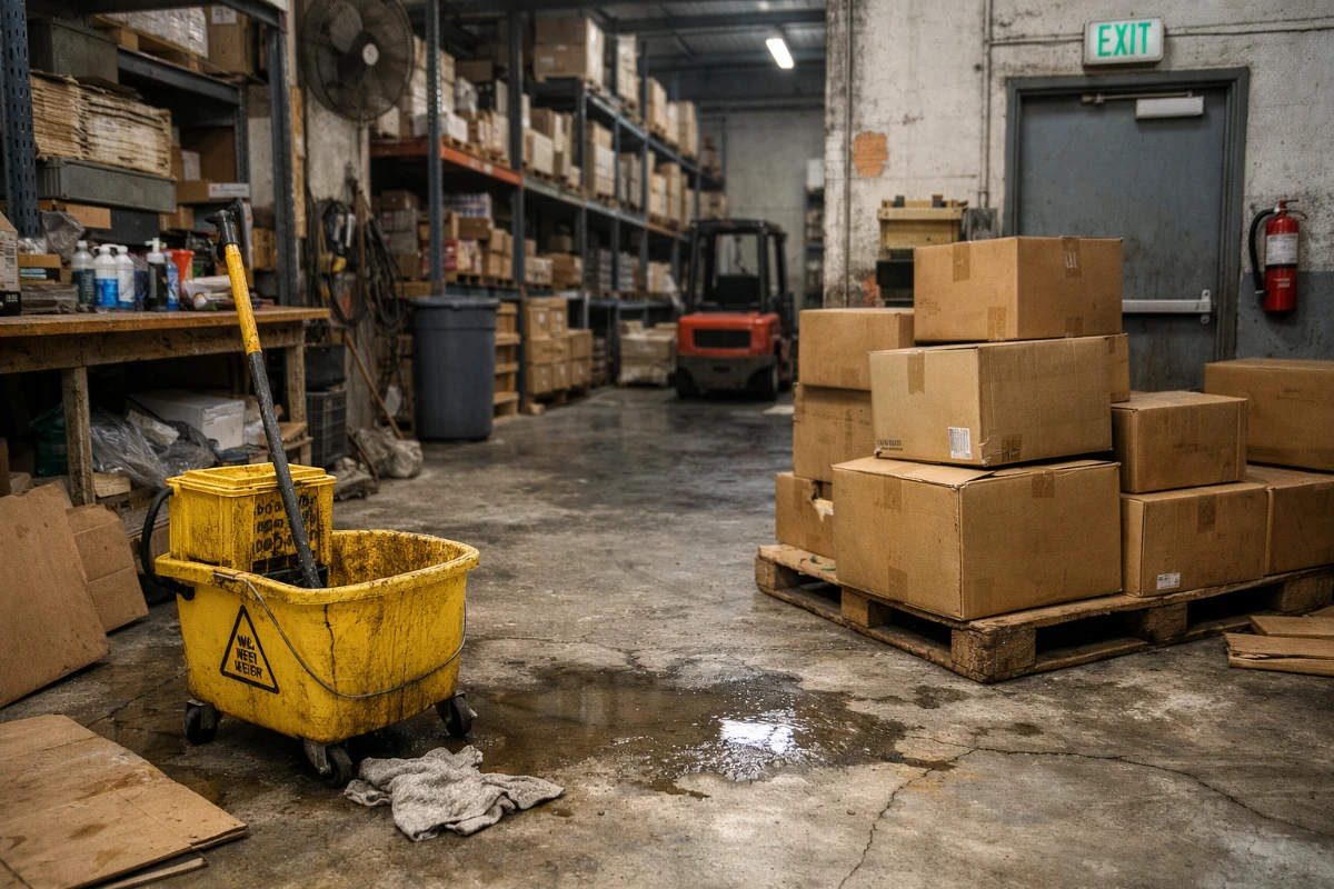 Cluttered warehouse aisle with a wet spill, mop bucket, and boxes stacked near an exit.