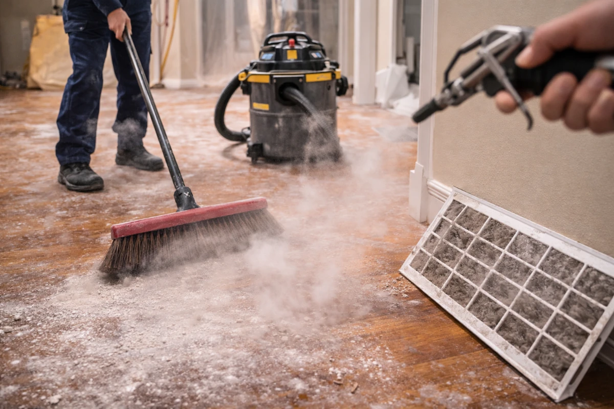 Worker dry-sweeping drywall dust on a hardwood floor with an HVAC filter on the ground, showing common cleanup mistakes.