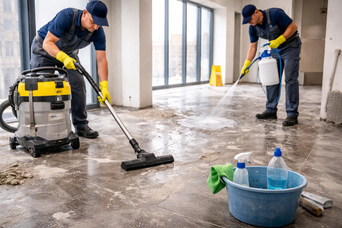 HEPA vacuuming and pH-safe cement residue cleaning Two professional cleaners remove fine cement dust with a HEPA vacuum and apply a pH-appropriate solution on a tiled floor after construction