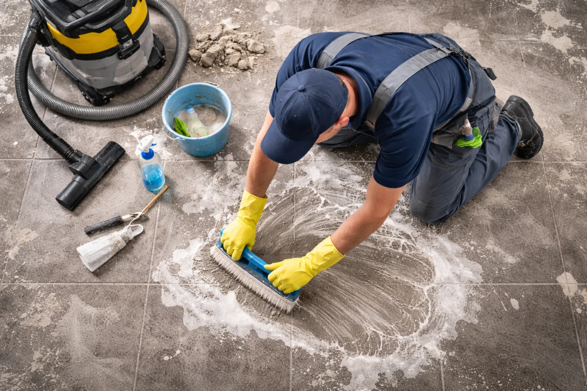 Professional cleaner scrubbing cement residue from floor Overhead view of a uniformed cleaner scrubbing cement residue off a tiled floor with a stiff brush and cleaning supplies nearby