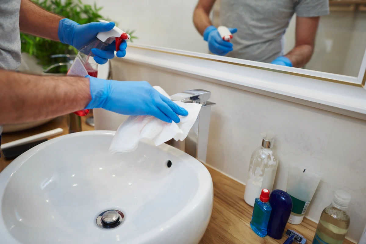 mans hands cleaning sink bathroom