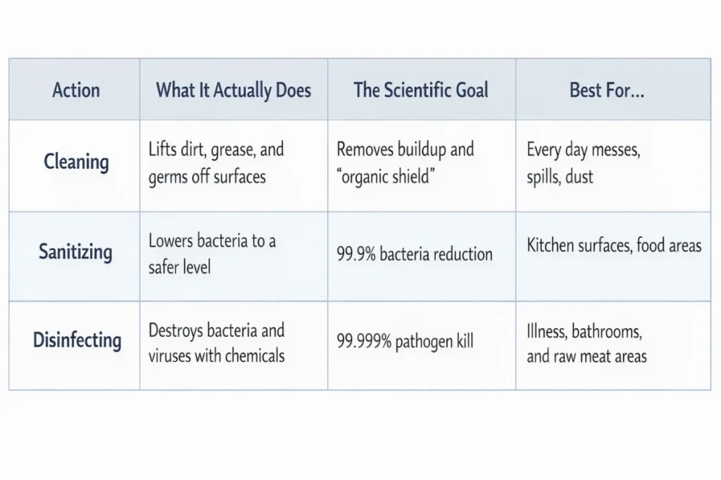 Cleaning, sanitizing, and disinfecting comparison table