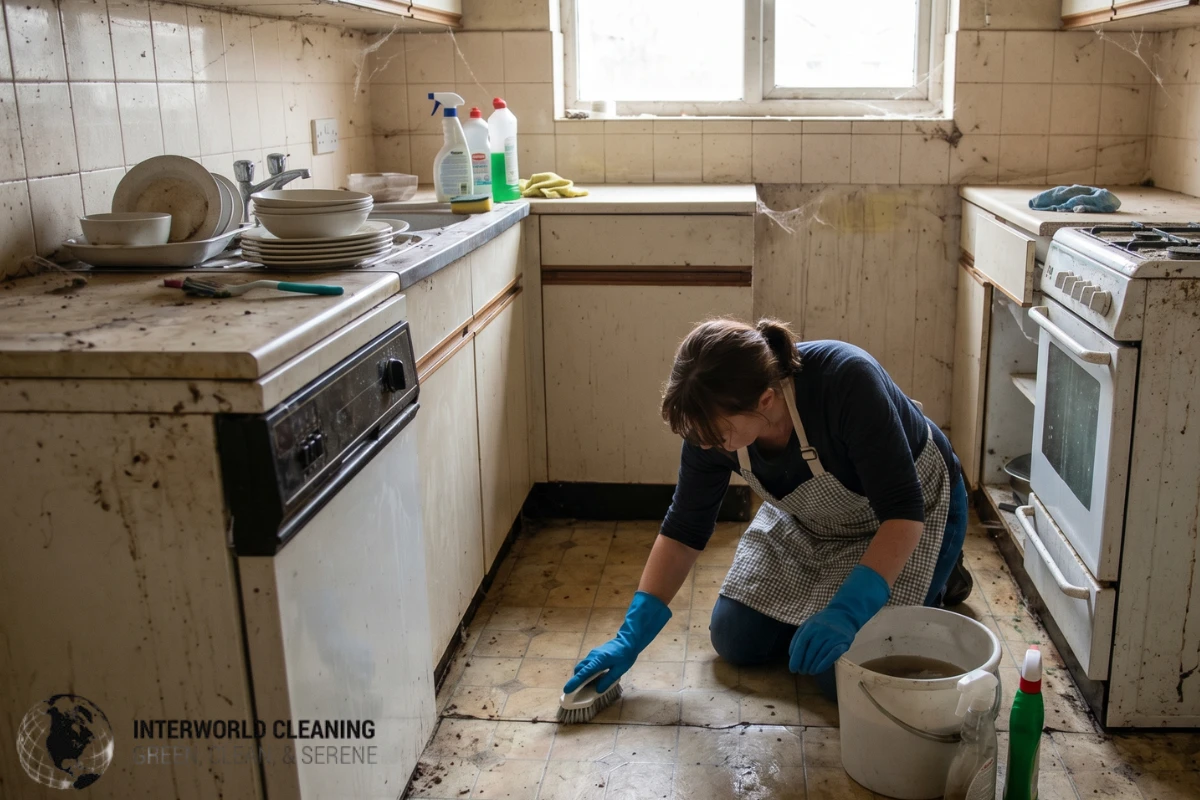 A person wearing blue gloves and an apron kneels to scrub a filthy kitchen floor with a brush and a bucket of water while deep cleaning abandoned house.