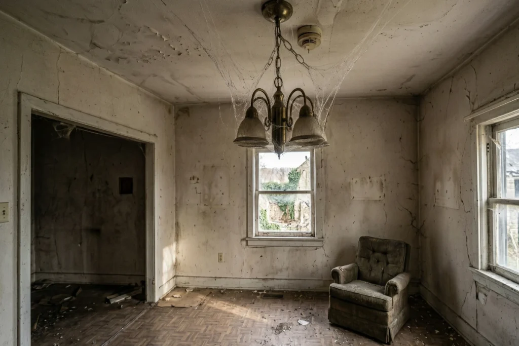 A dusty living room featuring a chandelier thickly covered in spider webs and peeling paint on the walls.