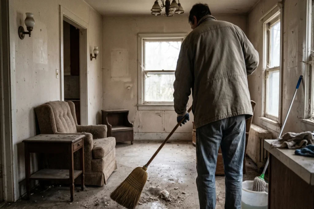A person seen from behind sweeping a dusty living room floor with a broom during a deep cleaning abandoned house project.