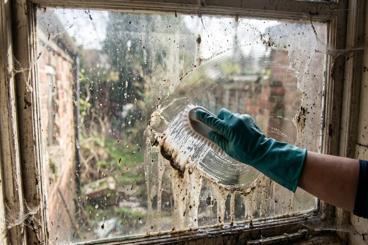 A close-up of a gloved hand using a brush to scrub thick grime and dirt off a window pane while deep cleaning abandoned house.
