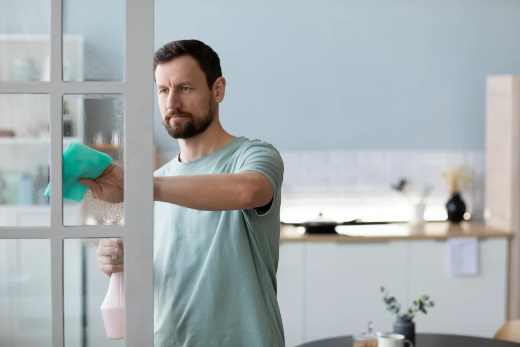 A person spraying and wiping down a glass door in a kitchen.