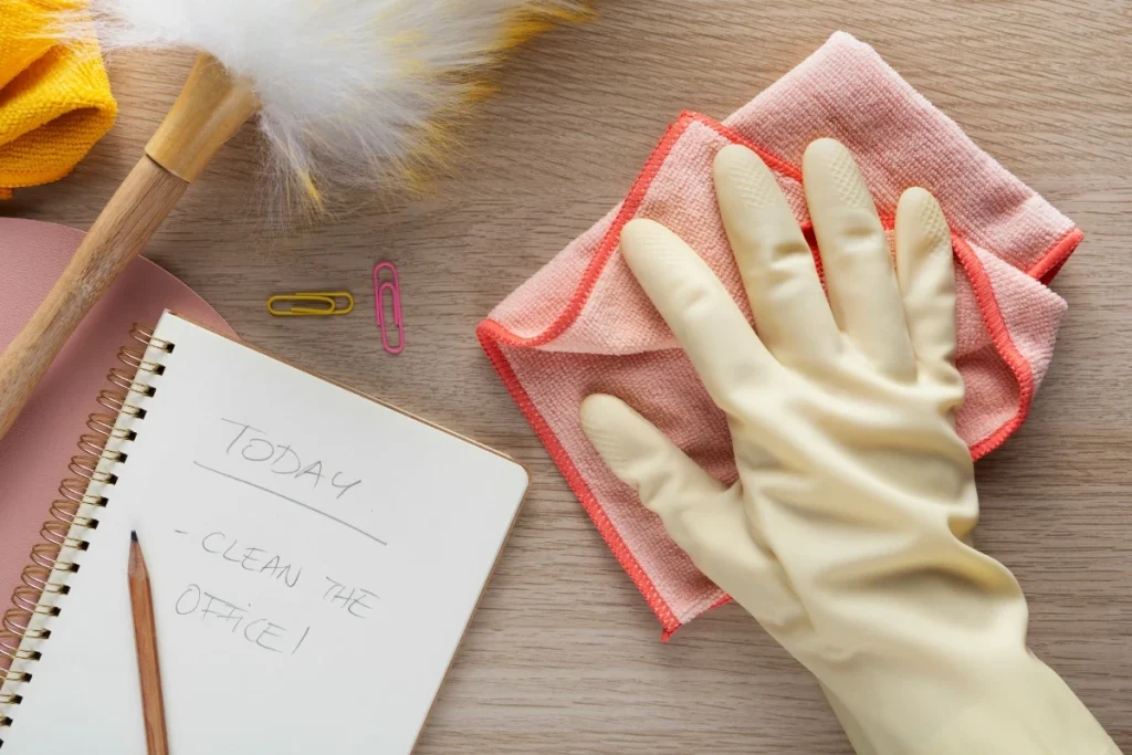 Top-down view of a gloved hand wiping a desk next to a to-do list reading 