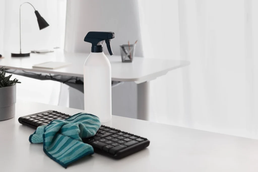 A spray bottle and cloth next to an office keyboard.