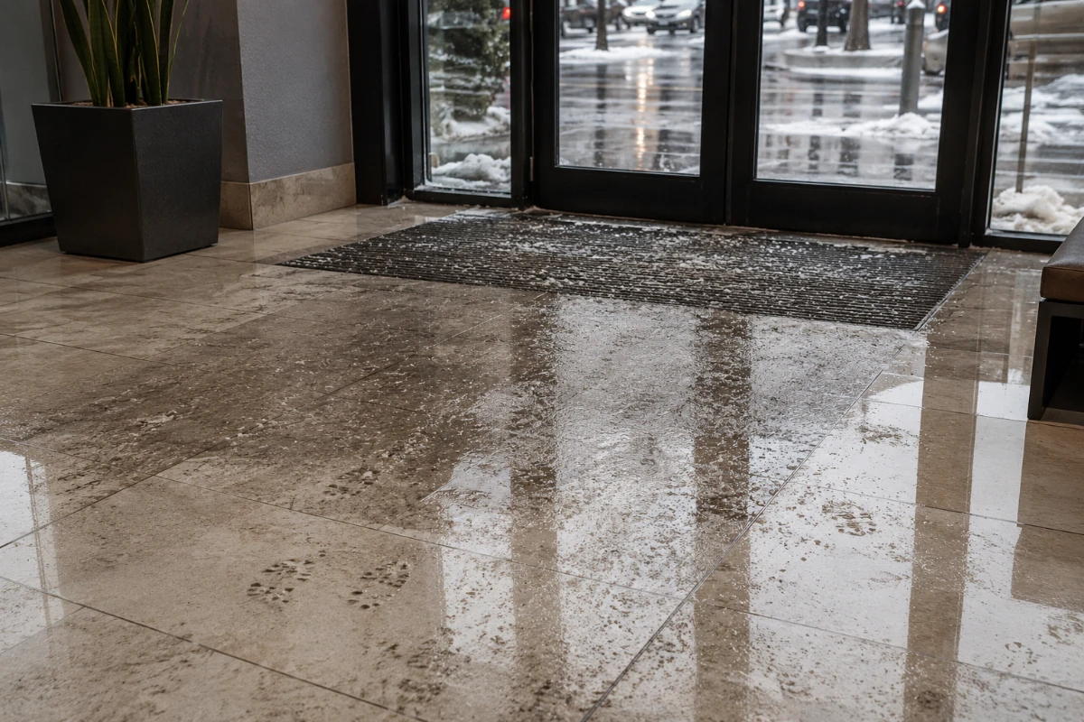 Rain, slush, salt, and heavy foot traffic leave a commercial entryway floor wet, gritty, and worn near the doors.