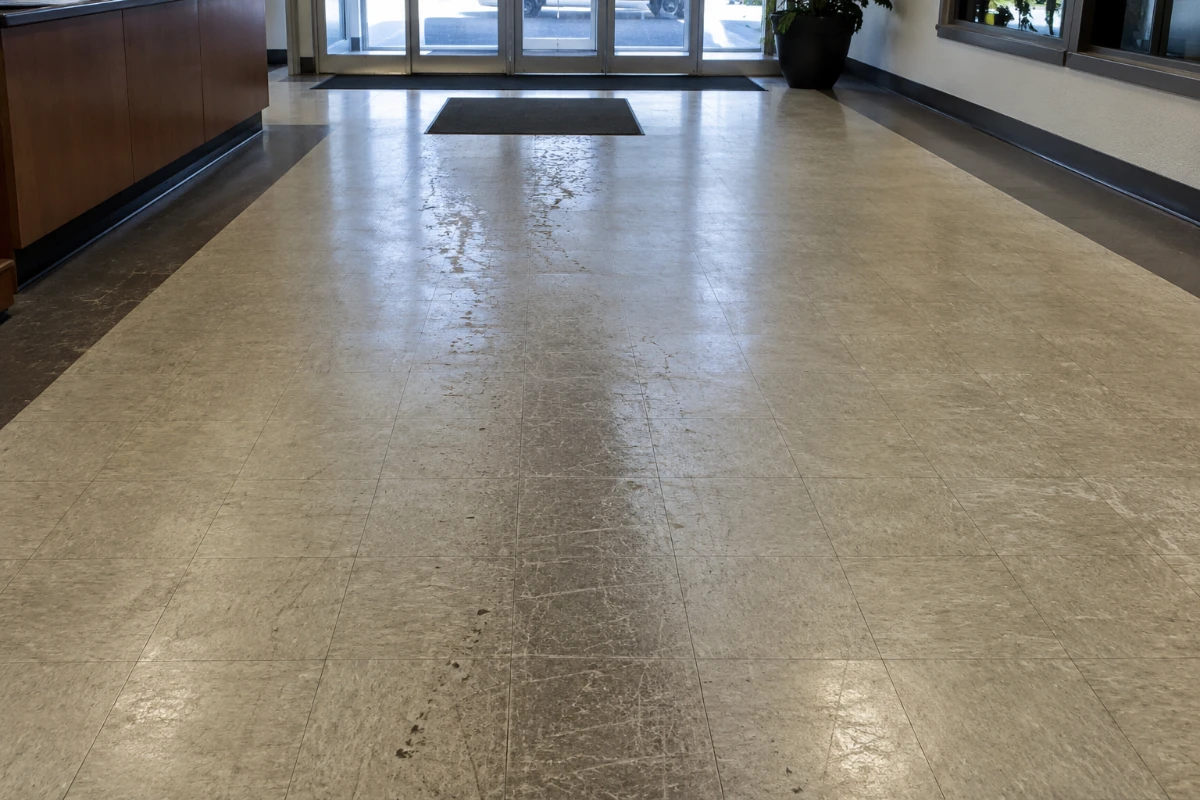 Dull commercial lobby floor with scratches, scuff marks, darker traffic lanes, and worn finish near the entrance.