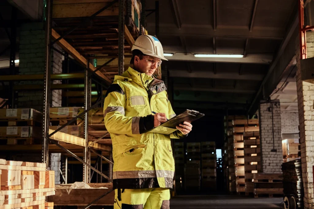 Warehouse manager checking clipboard in storage area for warehouse slip and fall prevention