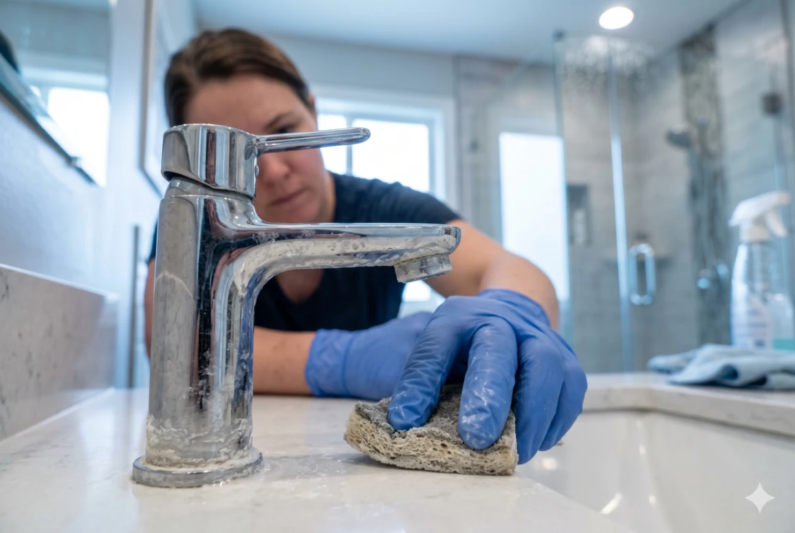 Cleaning Stubborn Hard Water Faucet Buildup A close-up of a person wearing blue gloves scrubbing heavy mineral and scale deposits off a chrome bathroom faucet.