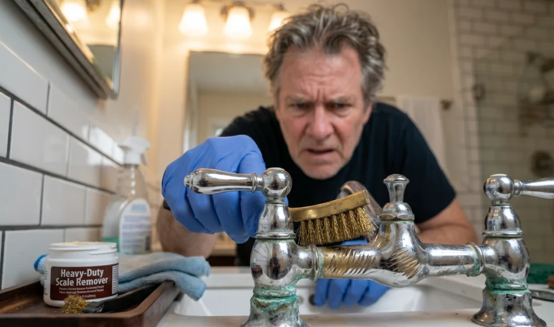 Damaging Chrome Fixtures with Abrasive Cleaning A frustrated man uses a stiff wire brush to scrub a bathroom faucet, leaving visible, deep scratches on the chrome plating.