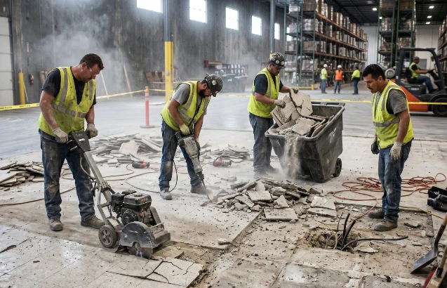 A construction crew performing disruptive floor demolition inside an industrial facility, illustrating the heavy labor costs, dust, and operational downtime associated with premature commercial floor replacement.
