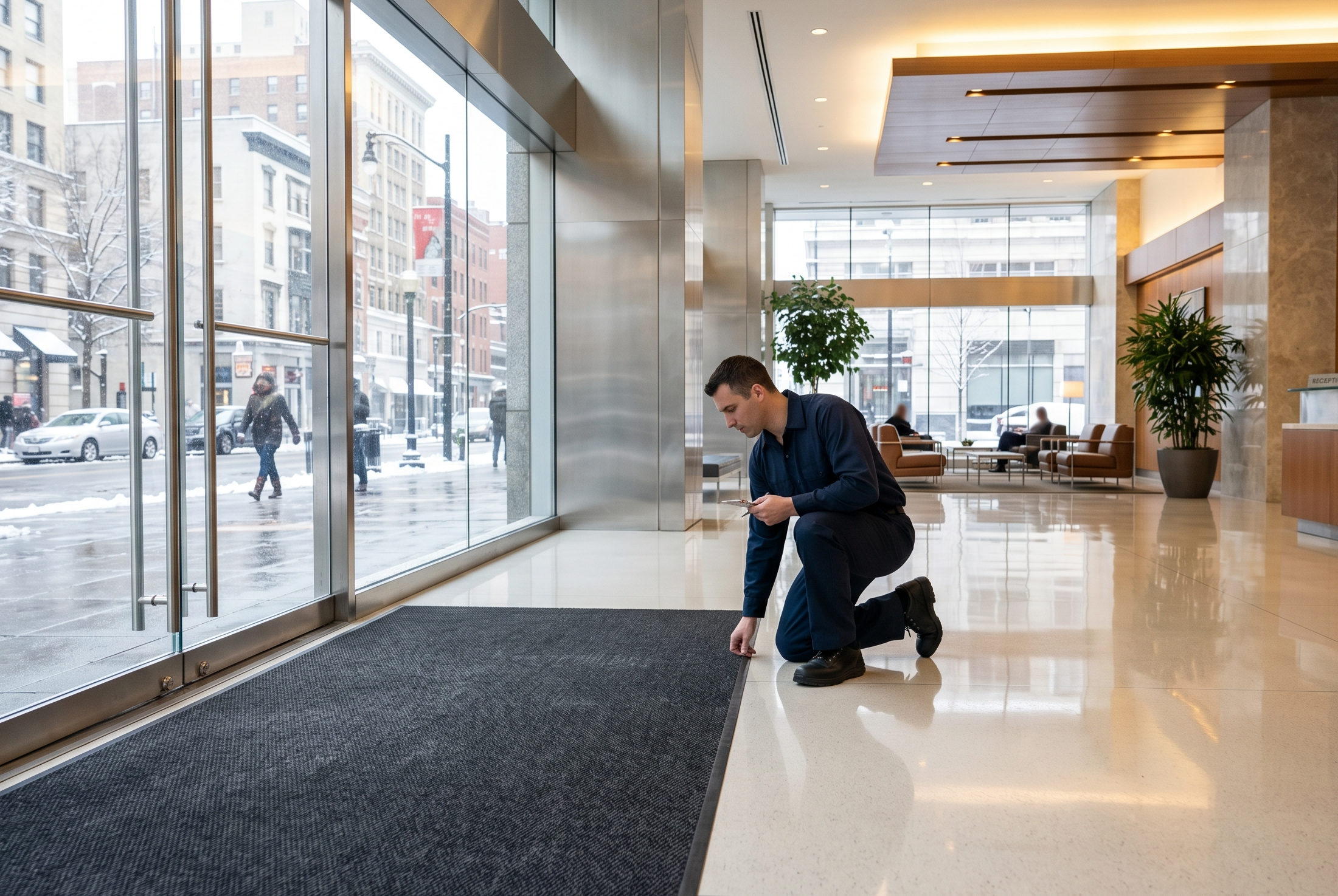 A facility manager adjusts a charcoal entrance mat, protecting a high-gloss lobby floor from winter weather.