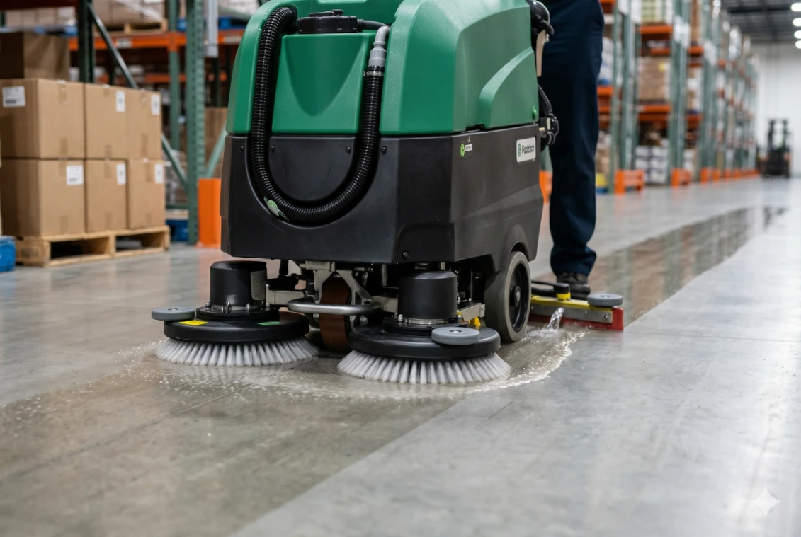 An industrial floor scrubber cleaning a concrete warehouse floor.