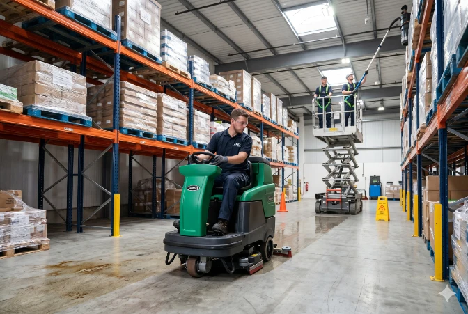 A man drives a ride-on floor scrubber in a warehouse aisle with a cleaning crew on a scissor lift in the background.