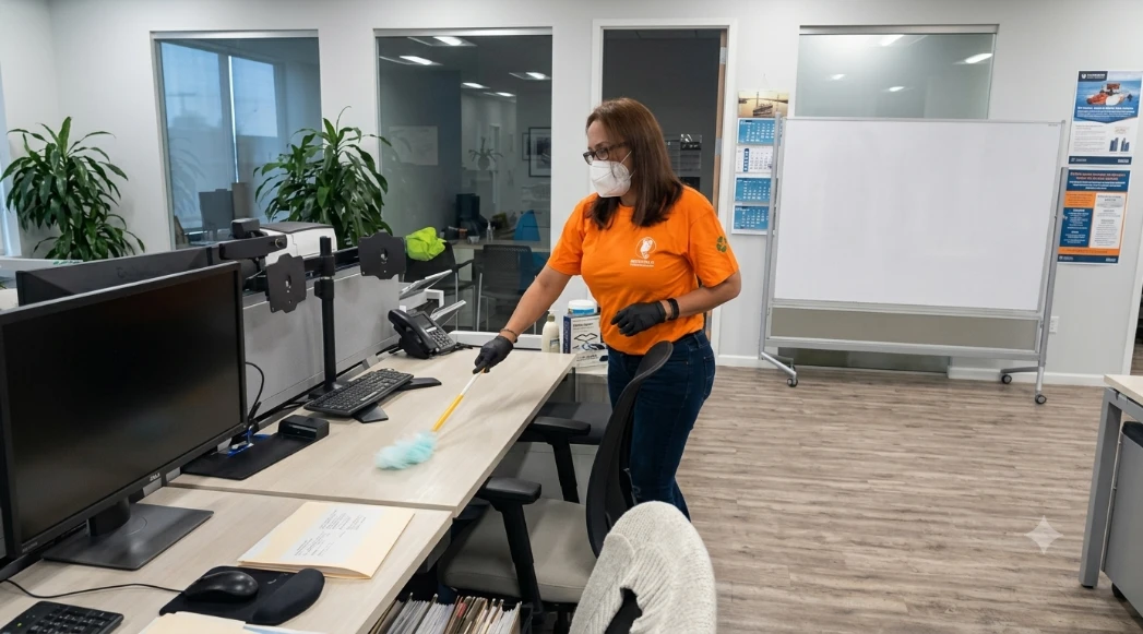 A female cleaning professional wearing a face mask, black gloves, and an orange Interworld Cleaning t-shirt uses a yellow duster on an office desk.
