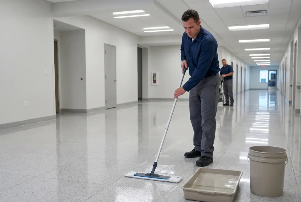 A professional technician carefully applying premium acrylic finish to a commercial corridor floor, creating a pristine, mirror-like protective shield that reflects overhead lighting.