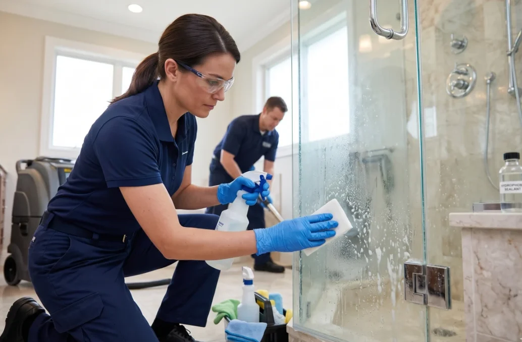 Protocol to Remove Hard Water Stains Safely A professional cleaning technician uses a spray bottle and a non-marring white pad to safely clean hard water stains from a glass shower door.