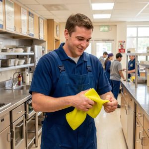A smiling worker in a blue apron holding a bright yellow microfiber cloth, demonstrating school cafeteria cleaning services in a commercial kitchen with staff working in the background.