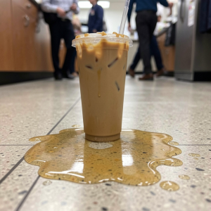 Close-up of a plastic iced coffee cup sitting on a large caramel/coffee spill on a terrazzo breakroom floor.