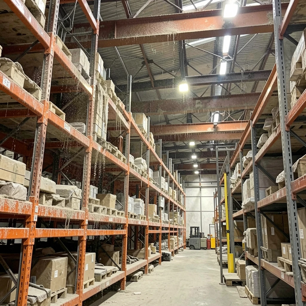 Warehouse dust buildup in Baltimore on storage racks and equipment