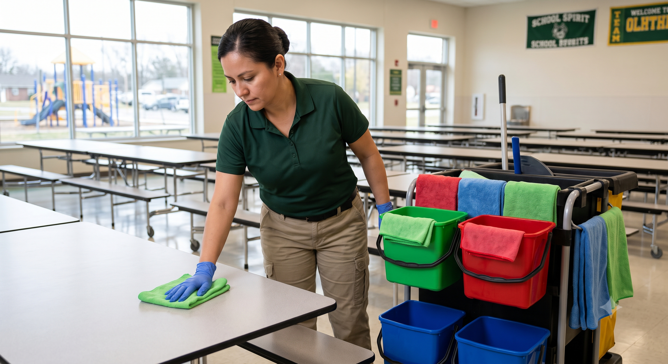 A professional cleaner performs school cafeteria cleaning services by wiping down a table with a green microfiber cloth. She wears protective gloves and stands beside a janitorial cart equipped with a color-coded cleaning system in a bright school cafeteria.