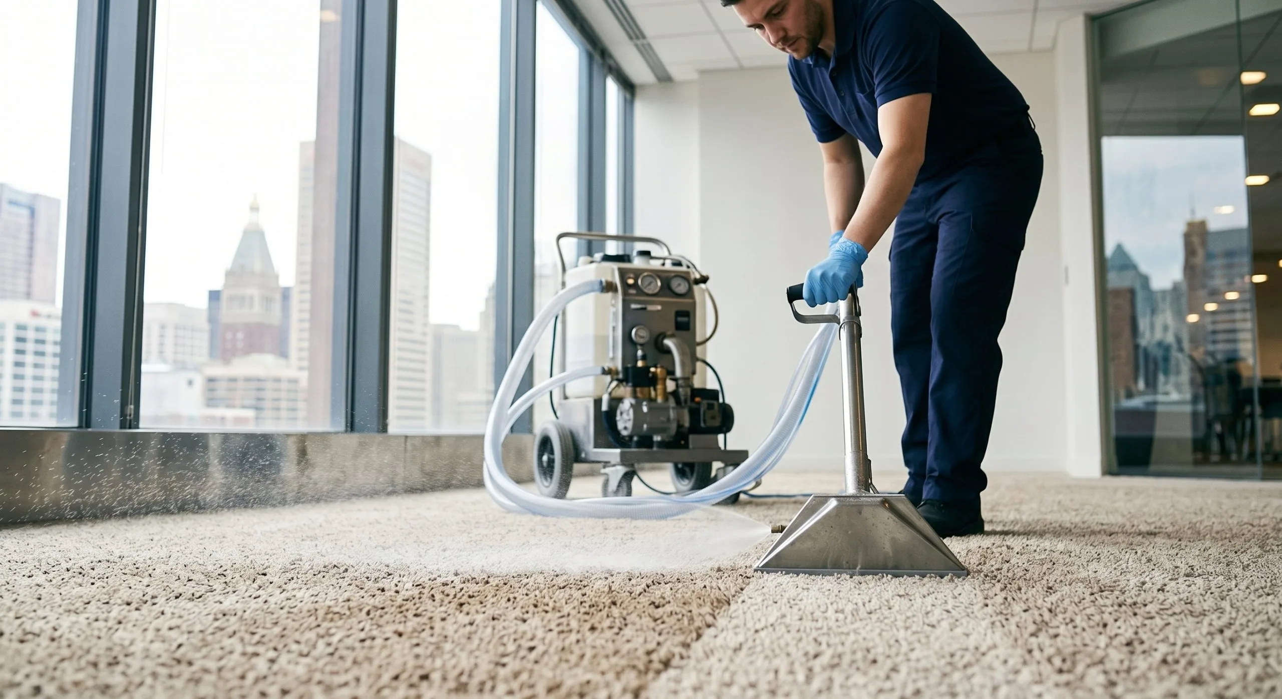 A professional cleaner in a dark blue uniform operates a hot water extraction machine on light-colored commercial carpeting in a high-rise office building, demonstrating a commercial floor maintenance in Baltimore, MD 21228.