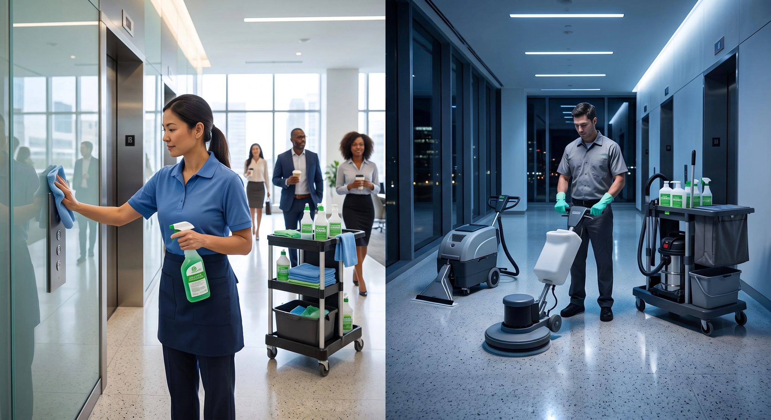Split-screen image illustrating day porter vs overnight janitorial services: on the left, a day porter cleans elevator glass in a busy office hallway during business hours; on the right, an overnight janitor operates floor polishing equipment in an empty office building at night in Baltimore, MD 21228.