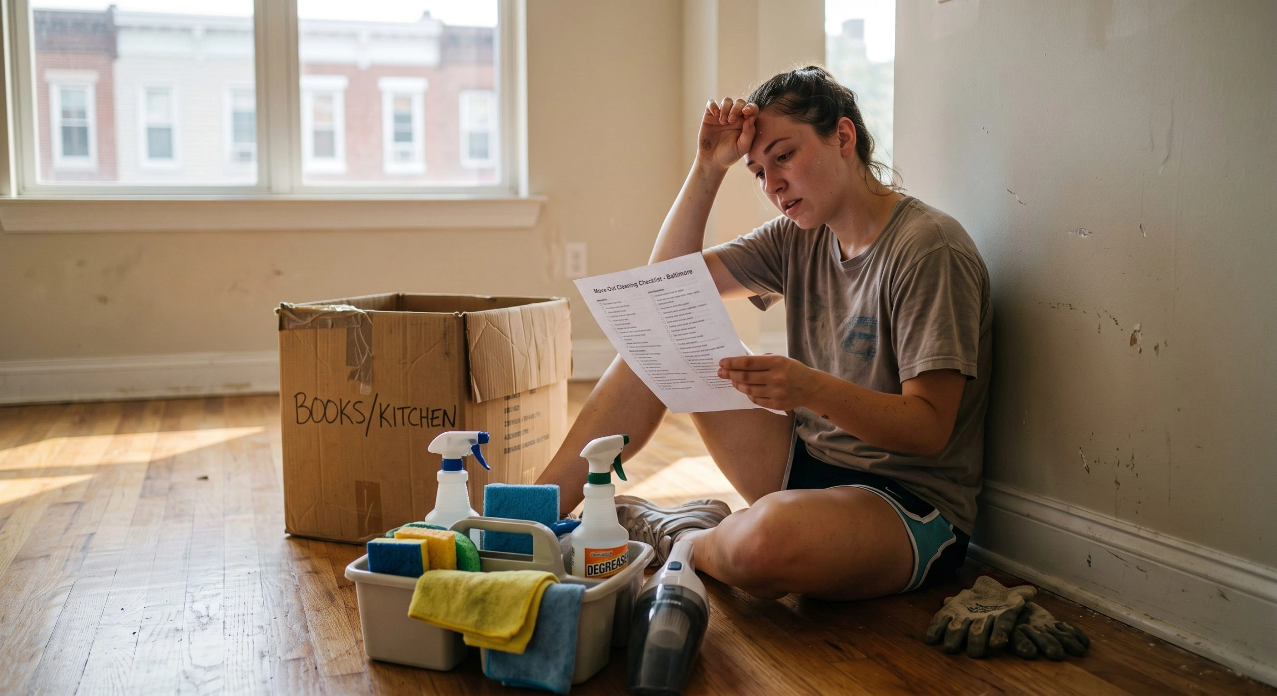 Tired woman sitting on the floor of an empty apartment wiping sweat from her forehead while holding a printed move out cleaning checklist next to cleaning supplies and moving boxes in Baltimore, MD 21228.