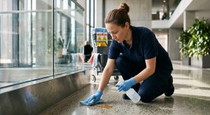 A professional female cleaner in a blue uniform and gloves is kneeling to spot-clean a stain on a terrazzo floor in a large, modern public building lobby with a spray bottle and microfiber cloth, illustrating a common task in professional commercial floor cleaning services.