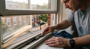 A close-up photograph of a person's hands and lower arm, wearing a grey t-shirt and a digital watch, actively scrubbing built-up grime and dust from the corner and track of an open window sill. A small toothbrush is used to reach tight spots, with a blue cleaning cloth resting nearby. This meticulous deep cleaning is a key task often found on an exhaustive move-out cleaning checklist to ensure a deposit is returned.