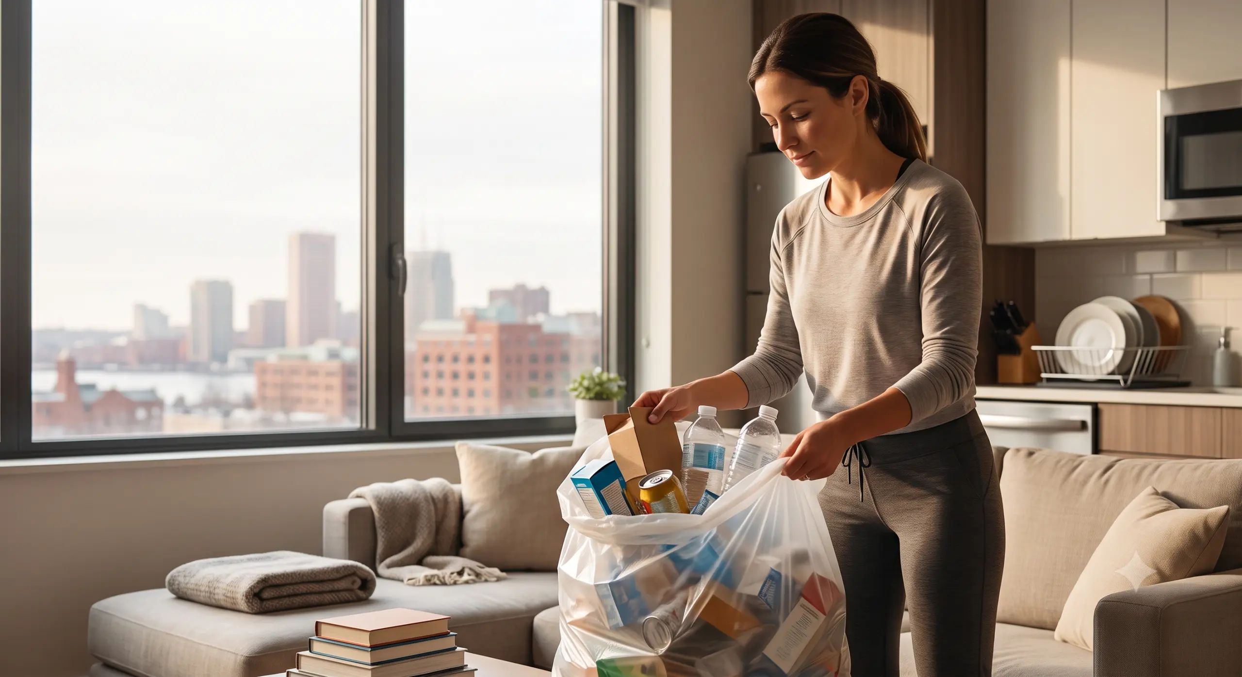 A woman collecting plastic bottles and boxes into a clear trash bag as the first step of a deep home cleaning process in a modern apartment overlooking a city skyline in Baltimore, MD 21228.