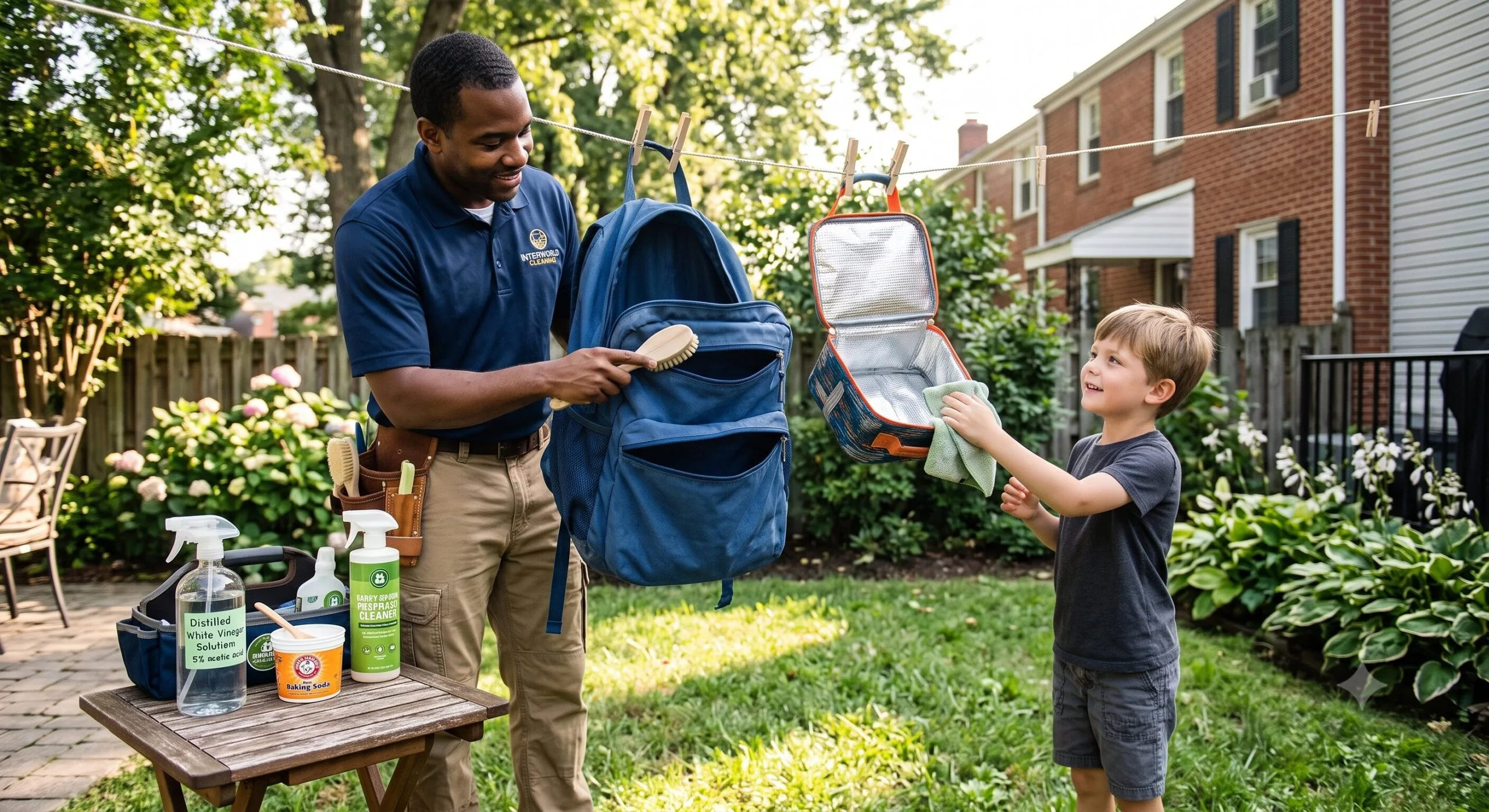 A professional male cleaner teaching a child how to remove mold from backpacks and sanitize lunchboxes in Baltimore, MD 21228.