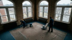 Two janitorial technicians in face masks performing school indoor air quality cleaning by vacuuming edges and operating deep carpet extraction equipment inside an older educational building with large arched windows.