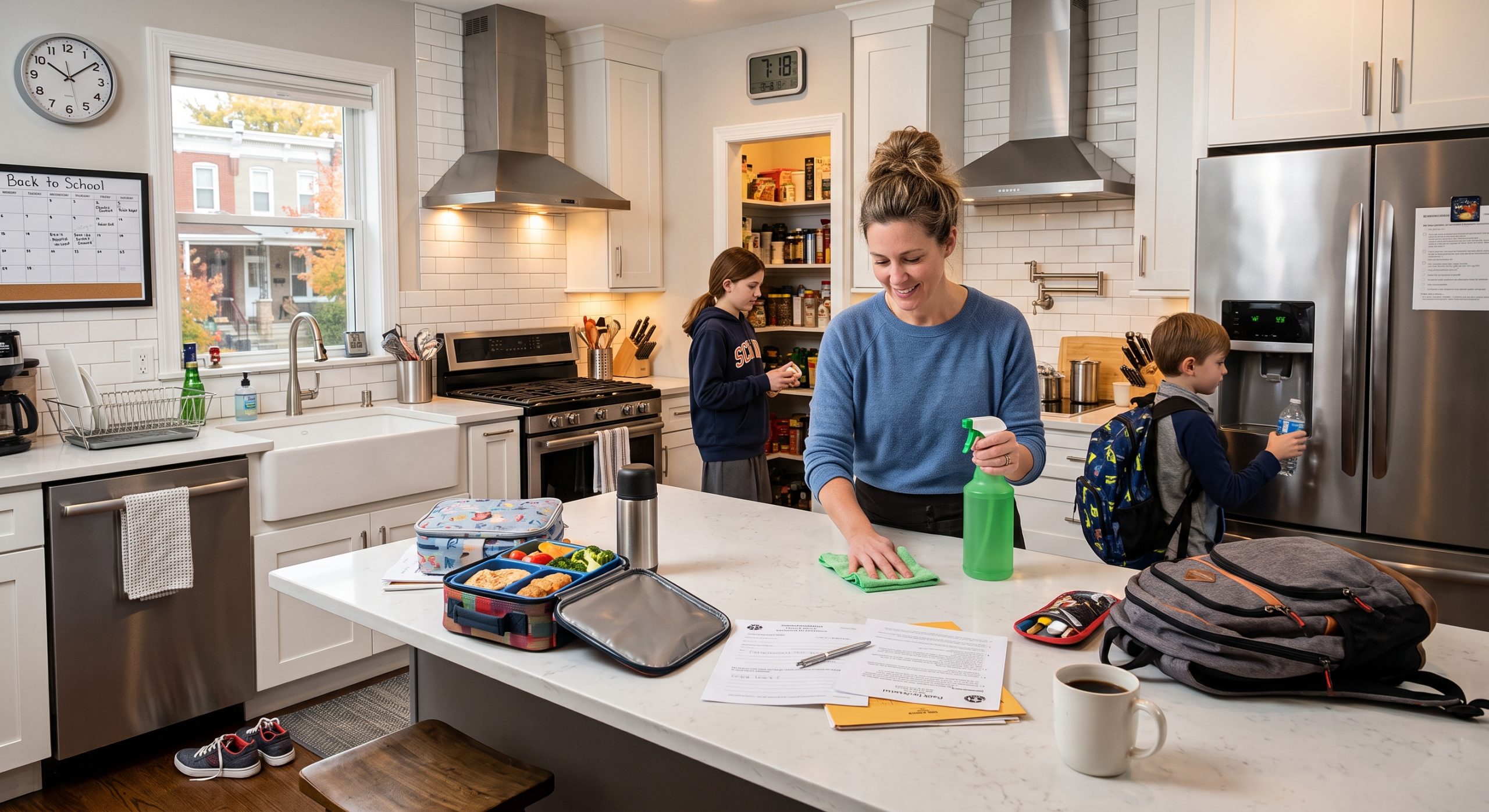 A mother wipes down a bright kitchen island with eco-friendly cleaner as part of a back-to-school home reset, surrounded by packed bento lunchboxes, school paperwork, and children getting ready for their morning routine.