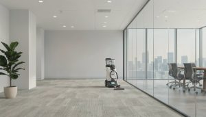 A specialized commercial floor machine used for low-moisture office carpet cleaning, positioned on freshly maintained carpet in a bright, modern corporate conference room with floor-to-ceiling windows overlooking a city skyline.