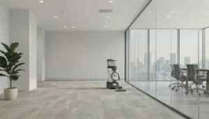 A specialized commercial floor machine used for low-moisture office carpet cleaning, positioned on freshly maintained carpet in a bright, modern corporate conference room with floor-to-ceiling windows overlooking a city skyline in Baltimore, MD 21228.