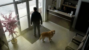 n overhead perspective photograph looking down into a modern veterinary clinic lobby. A man, viewed from behind in a black jacket and jeans, stands at the large glass entrance doors, with a golden retriever dog on a leash beside him. The dog is looking towards the camera. The interior features a brown reception desk with a female receptionist, framed certificates on the wall, a faux pink cherry blossom tree, and modern grey waiting chairs. Bright natural light streams in from the doors, and a tiled floor is visible.